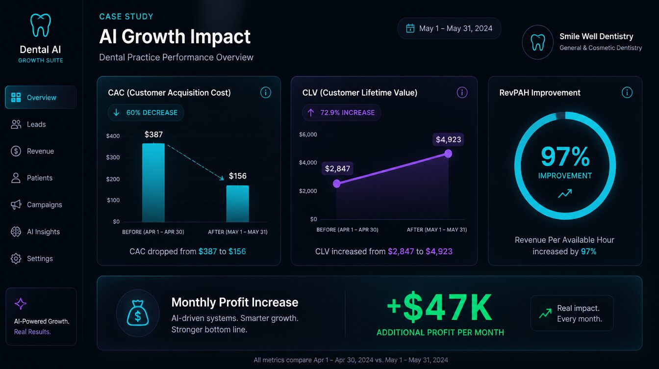AI Revolution for Local Service Businesses: The Complete 2026 Guide That Triples Revenue AI metrics dashboard showing CAC reduction, CLV increase, and RevPAH improvement