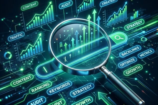 SEO optimization with keywords and ranking graphs